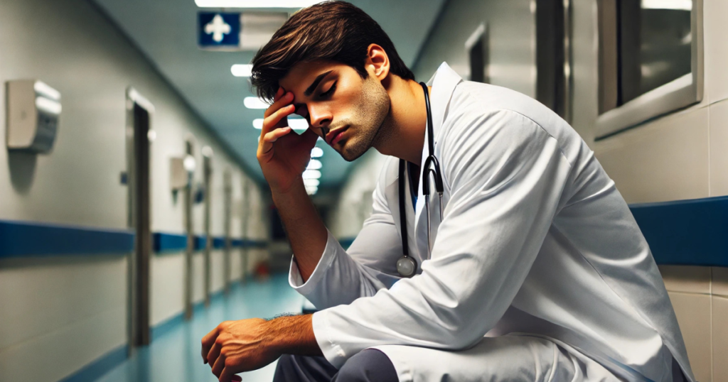 A imagem representa um jovem médico cansado e triste, sem uma fé fortalecida